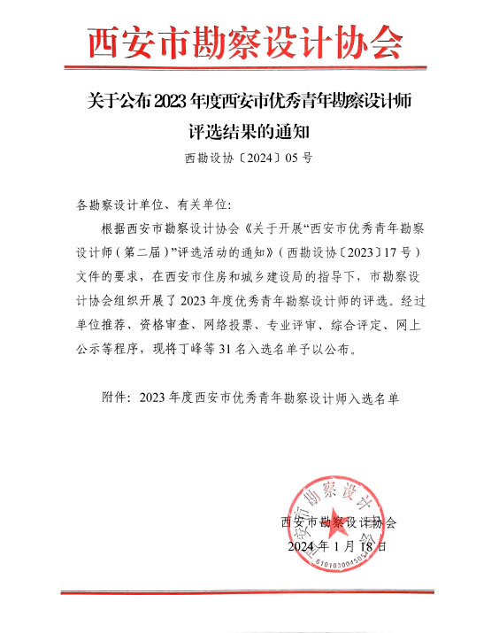 梁迪同志榮膺“西安市 優(yōu)秀青年勘察設計師”稱號